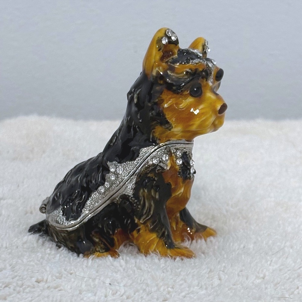 Yorkshire Terrier Yorkie Dog Trinket Box Enameled Rhinestone Hinged Collectible